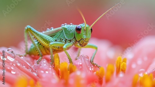 Wallpaper Mural Close-up of a vibrant green grasshopper perched on a dew-covered pink flower. Torontodigital.ca