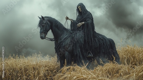 gaunt figure draped in tattered black robes rides sleek black horse in desolate landscape. skeletal hands he holds balance scale as starving people reach out.