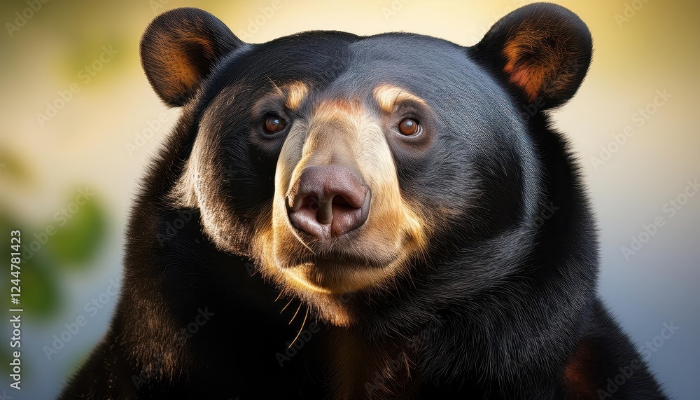 Vibrant and Majestic Sun Bear in Dappled Forest Light, Showcasing Golden Fur Glowing Against the Lush Green Canopy, Displaying Playful Curiosity among Wildflowers. Vibrant and Majestic Sun Bear in Dappled Forest Light, Showcasing Golden Fur Glowing Against the Lush Green Canopy, Displaying Playful Curiosity among Wildflowers.