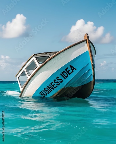 Wallpaper Mural A boat titled "Business Idea" sinking into the calm ocean waters under a serene blue sky, representing challenges, risks, and failure in entrepreneurial endeavors

 Torontodigital.ca