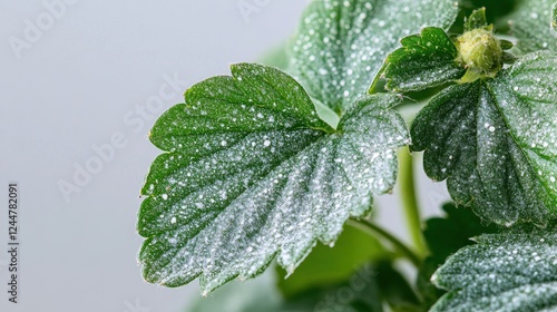 Powdery Mildew on Strawberry Leaf: Detailed close-up of strawberry leaf affected by powdery mildew, showcasing the fungal disease, impacting plant health.