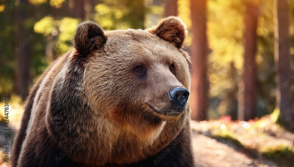 Striking Syrian Brown Bear in Winter Forest, Majestic Mammal Frolicking Among Snowy Trees, Showcasing Furs Rich Amber Hues and Majestic Power. Striking Syrian Brown Bear in Winter Forest, Majestic Mammal Frolicking Among Snowy Trees, Showcasing Furs Rich Amber Hues and Majestic Power.