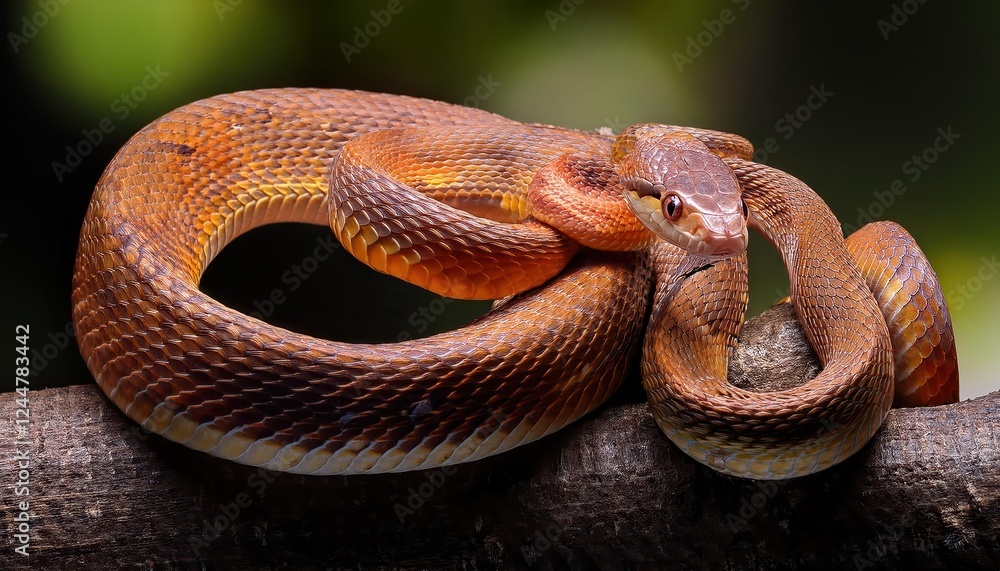 Obraz premium Vibrant Encounter A Majestic Tanahjampea Cat Snake in a Tropical Rainforest, Basking among the Lush Greenery and Colorful Wildflowers of Java, Indonesia.