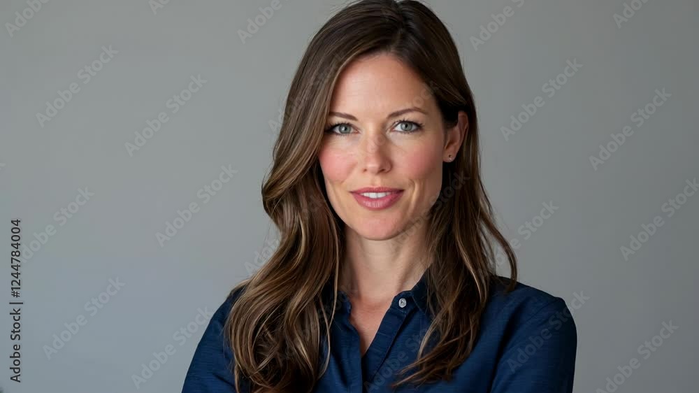 Happy young smiling confident professional business woman wearing blue shirt, pretty stylish female executive looking at camera, standing arms crossed isolated at gray background,