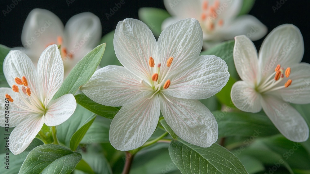 Fototapeta premium white oriental lily displays its stunning bloom featuring curling petals and bright orange stamen. rich green leaves provide vivid backdrop enhancing flower's natural beauty.
