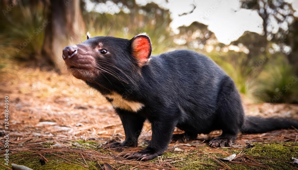 Feisty and Fierce CloseUp Portrait of a Tasmanian Devil in the Australian Wilderness, Captured during Dusk with Intense Eyes and Ruffled Fur Feisty and Fierce CloseUp Portrait of a Tasmanian Devil in the Australian Wilderness, Captured during Dusk with Intense Eyes and Ruffled Fur