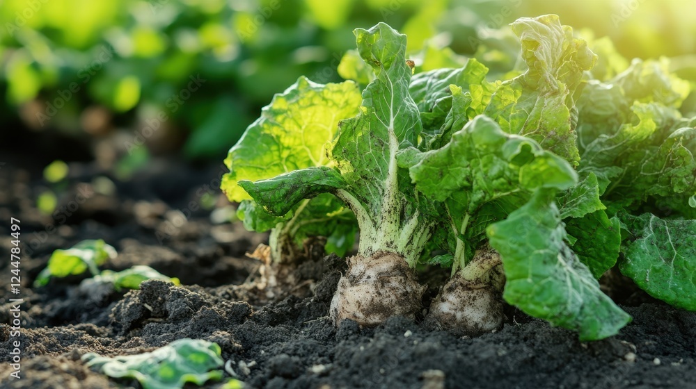 Sugar Beet Harvest: Close-up of plump sugar beets nestled in rich soil, their vibrant green leaves reaching for the sunlight. Sugar Beet Harvest: Close-up of plump sugar beets nestled in rich soil, their vibrant green leaves reaching for the sunlight.