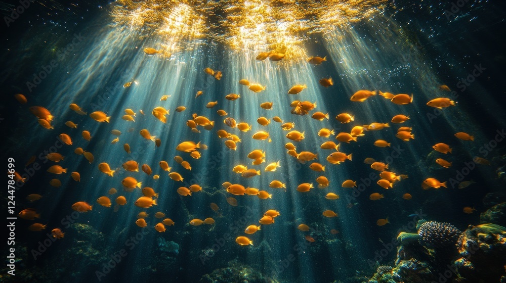 Obraz premium Sunlight illuminates coral reef fish school