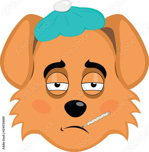 vector illustration emoji character face dog cartoon, sick with a thermometer in his mouth and a bag of water on his head