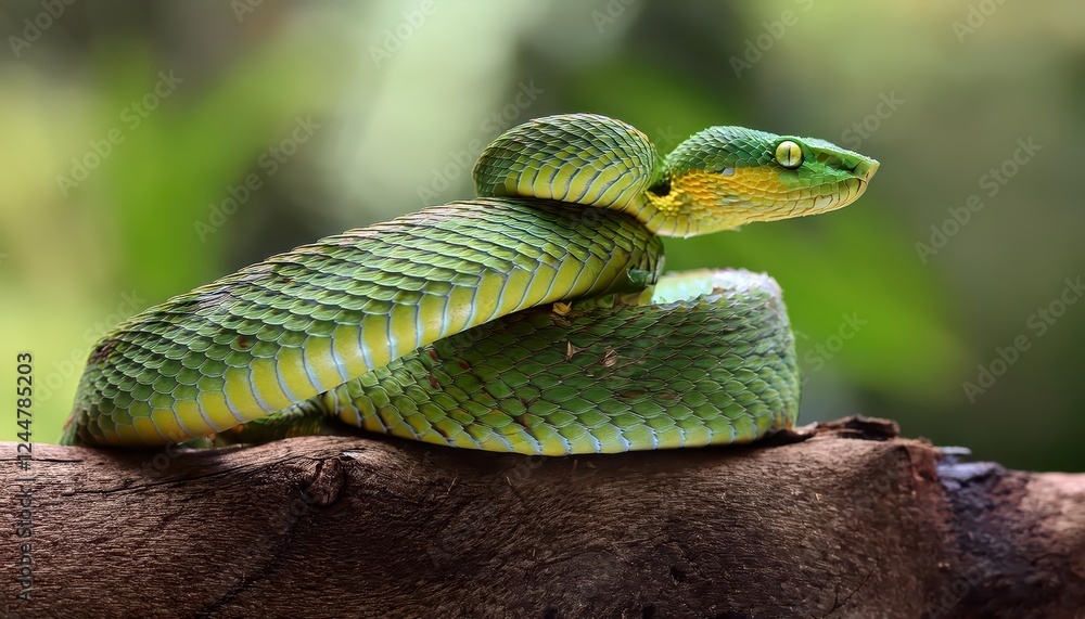 Obraz premium Vibrant Temple Pit Viper Perched on Weathered Wood Piece, Indonesia A Captivating Closeup Shot of Natures Venomous Beauty in a Tropical Environment