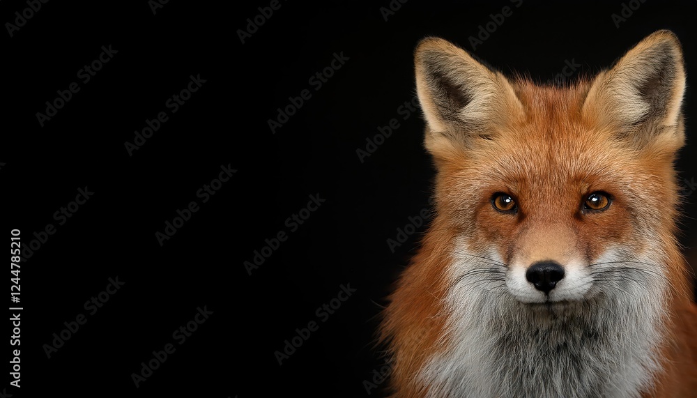 Naklejka premium Vivid Red Fox Portrait on a Dark Canvas, Striking Pose against Dramatic, Ominous Backdrop