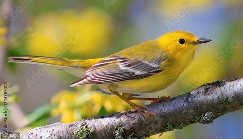 Vibrant Tennessee Warbler in Lush Green Forest, showcasing Leiothlypis peregrinas Striking Plumage and Capturing the Essence of a Dynamic Nature Scene photo