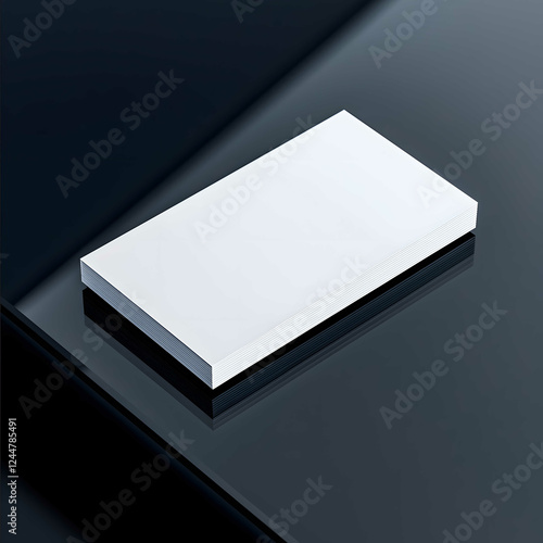 One single 9 x 5 cm business card paper texture business card is placed on the edge of a plexiglass layer dark background soft lighting ultra realistic high def photo