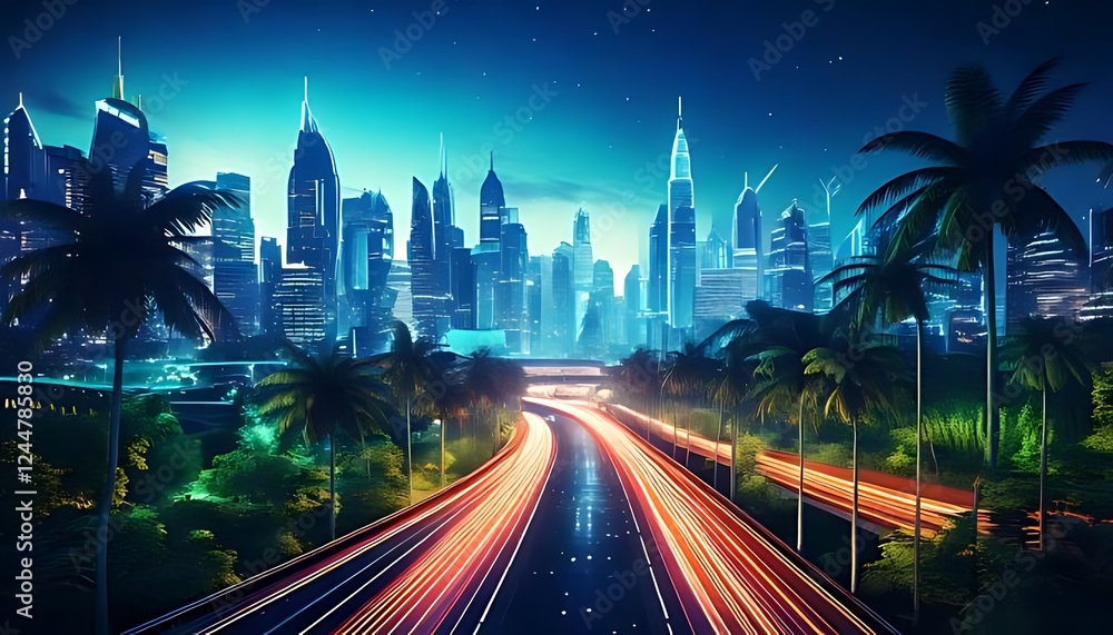 Fototapeta premium A futuristic landscape with glowing lines, tropical trees, and sleek skyscrapers