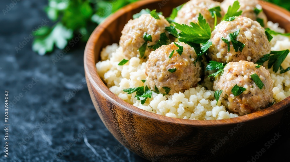 A wooden bowl filled with couscous and meatballs garnished with fresh parsley. A wooden bowl filled with couscous and meatballs garnished with fresh parsley.