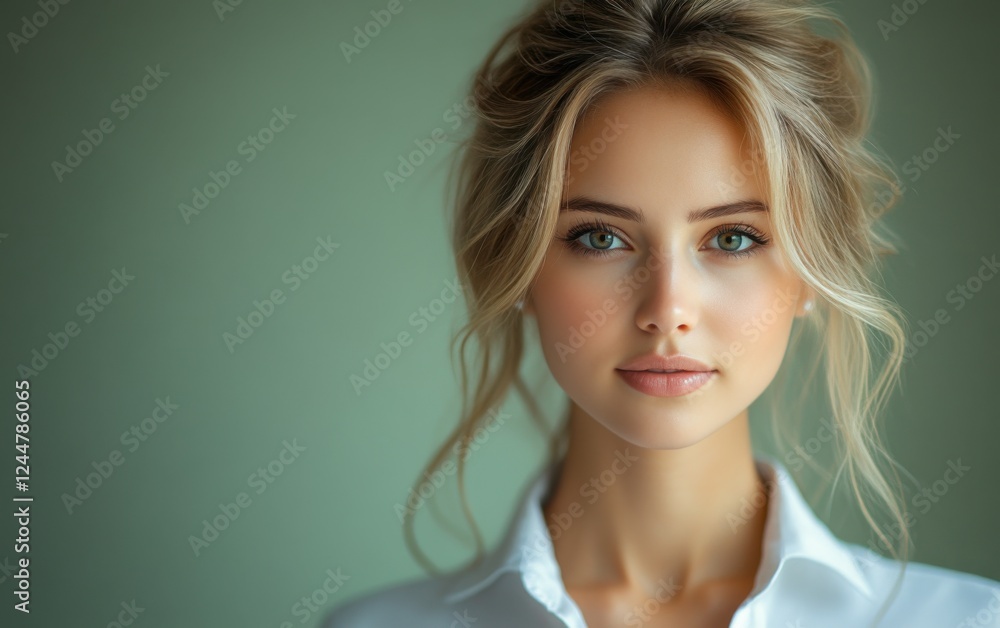 Fototapeta premium A woman is sitting in front of a solid color background