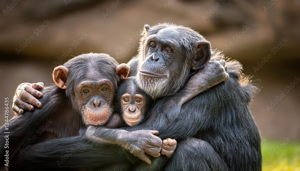 Endearing Moment A Chimpanzee Family Embrace in a Lush Tropical Sanctuary, Surrounded by the Warmth of Zoo Enclosures on a Sunlit Afternoon. Endearing Moment A Chimpanzee Family Embrace in a Lush Tropical Sanctuary, Surrounded by the Warmth of Zoo Enclosures on a Sunlit Afternoon.