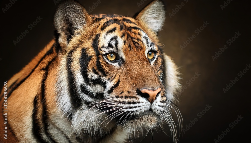 Fototapeta premium Striking Close Up of a Sumatran Tiger, Revealing Vibrant Stripes and Intense Eyes Amidst the Lush Jungle, Capturing the Power and Grace of the Endangered Species in its Natural Habitat.