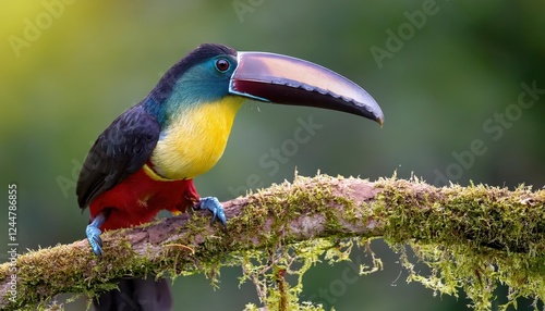 Vibrant Collared Araari Pteroglossus torquatus Amidst lush Amazonian Rainforest Canopy, Showcasing Striking Plumage and Unique Bill photo