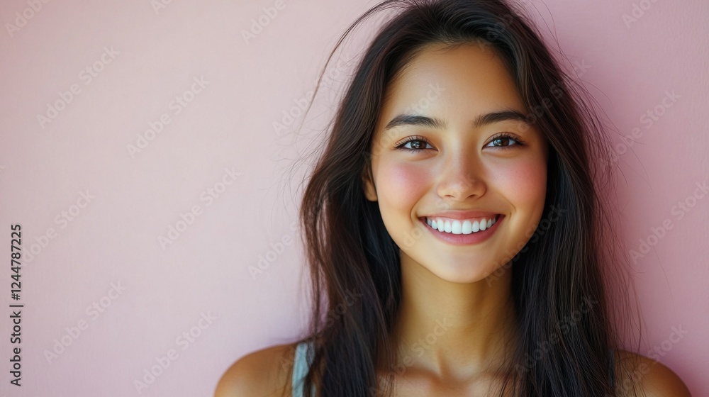 A woman with long hair is smiling and looking at the camera A woman with long hair is smiling and looking at the camera