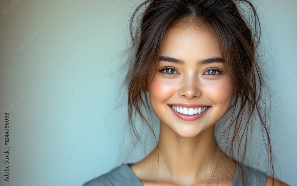 A woman with a greenish-blue eye and a smile on her face A woman with a greenish-blue eye and a smile on her face