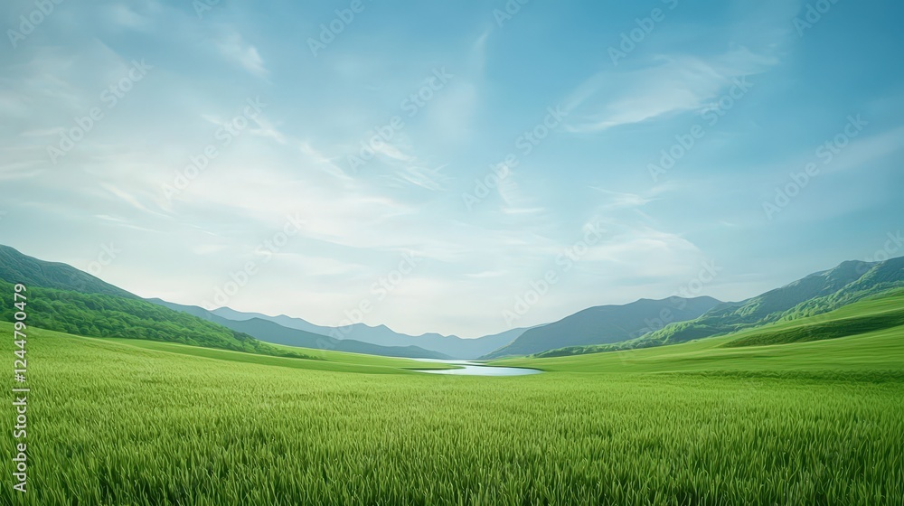 Fototapeta premium Serene Green Meadow with Calm Water Reflection