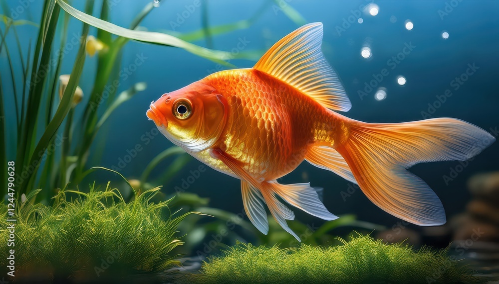 Fototapeta premium Vivid Goldenfish Swimming in a Tranquil Pond, Set against an Autumnal Backdrop of Amber and Gold Leaves, with Dappled Sunlight Reflecting on the Water Surface.