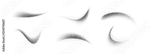 Stippled curved brush strokes set. Wavy grainy spray elements collection. Black flowing sand splashes pack. Dotted noise gradient shades bundle. Splattered dust particle textured waves. Vector