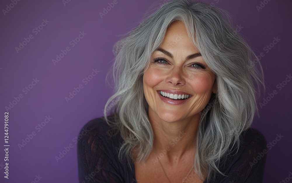 A woman with long gray hair is smiling and looking at the camera A woman with long gray hair is smiling and looking at the camera