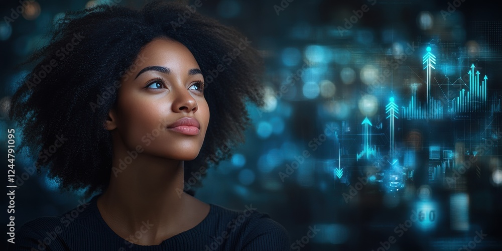 A woman with curly hair is looking at a computer screen with a lot of numbers A woman with curly hair is looking at a computer screen with a lot of numbers
