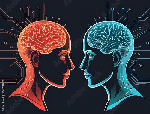 Futuristic Representation of Two Faces with Digital Brain Elements, Symbolizing the Integration of Artificial Intelligence and Human Thought

 photo