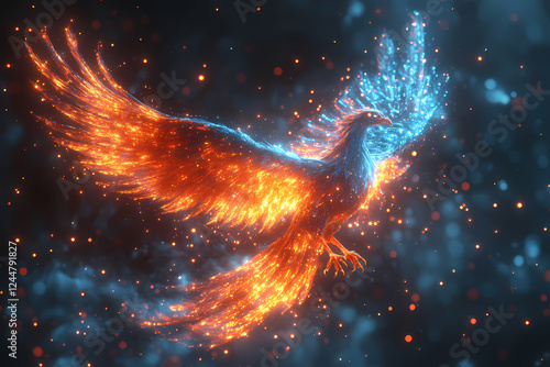 Elegant avian beauty in vibrant orange hues, showcasing intricate feathers against a mesmerizing night sky. Ideal for surreal graphic design projects