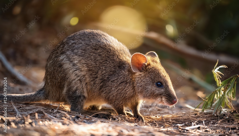 The Unique LongNosed Potoroo A RatLike Mammal in Its Natural Habitat, Showcasing a Glimpse of Australias Rugged Bushland with Dappled Shadows and Sand Hues. The Unique LongNosed Potoroo A RatLike Mammal in Its Natural Habitat, Showcasing a Glimpse of Australias Rugged Bushland with Dappled Shadows and Sand Hues.