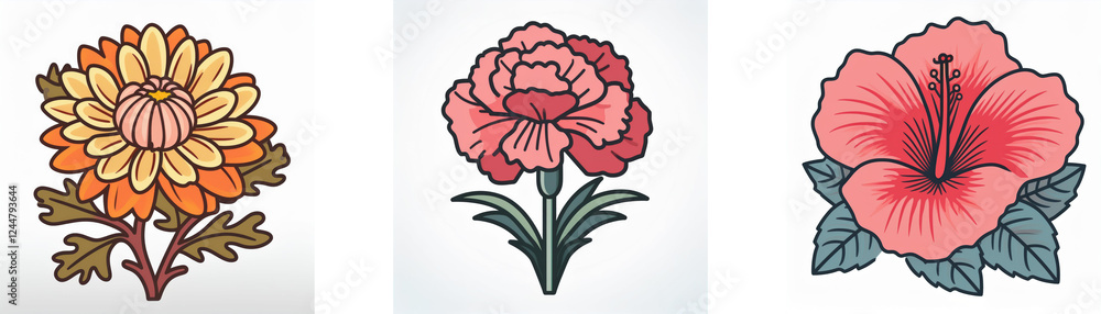 Fototapeta premium Triple hibiscus flower illustration, double exposure style, showcasing varying shades of pink and grey-blue leaves.