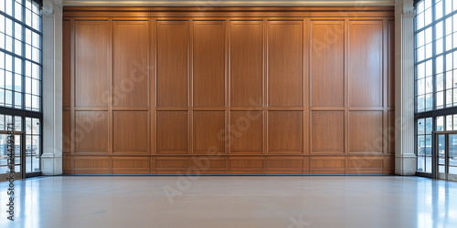 Classic premium luxury wood paneling wall background or texture. Highly crafted wood paneling wall, with a frame and column pattern, Extra wide format.  photo