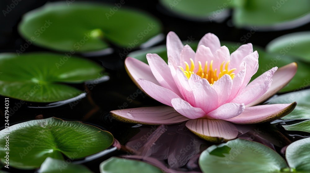 A serene pink water lily blooms amidst green lily pads on calm water. A serene pink water lily blooms amidst green lily pads on calm water.