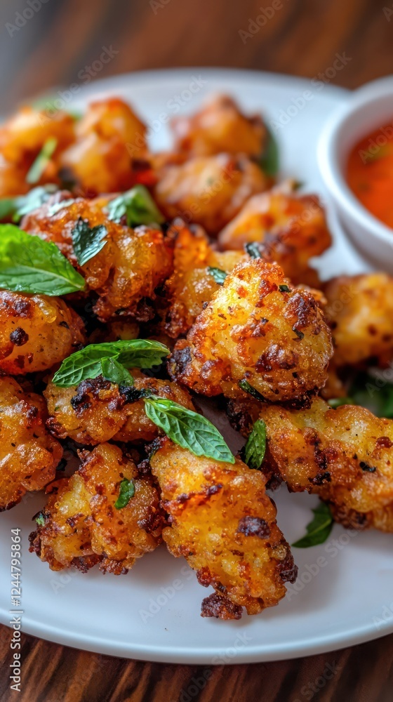 A plate of crispy fried snacks garnished with herbs and served with dipping sauce. A plate of crispy fried snacks garnished with herbs and served with dipping sauce.