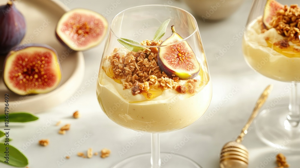 Delicious Fig Dessert With Honey And Granola Served In Glass Delicious Fig Dessert With Honey And Granola Served In Glass