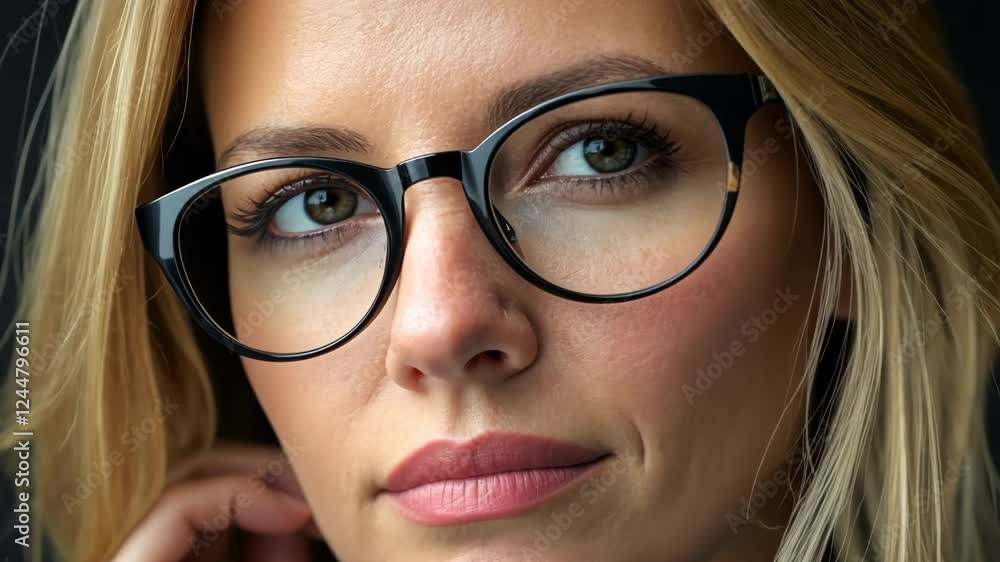 Thoughtful woman adjusting glasses in closeup sequence for modern lifestyle concept Thoughtful woman adjusting glasses in closeup sequence for modern lifestyle concept