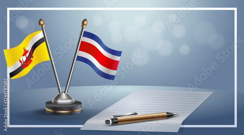 Brunei and Costa Rica National flags on small table with bokeh background, cooperative relationship