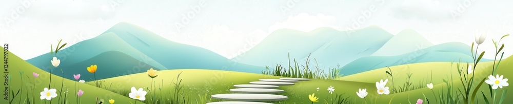 Fototapeta premium Serene Landscape with Pathway and Soft Green Hills