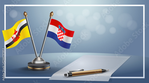 Brunei and Croatia National flags on small table with bokeh background, cooperative relationship