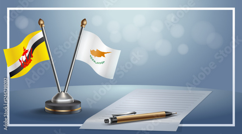 Brunei and Cyprus National flags on small table with bokeh background, cooperative relationship