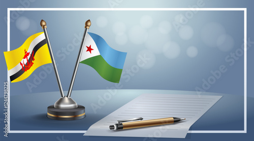 Brunei and Djibouti National flags on small table with bokeh background, cooperative relationship