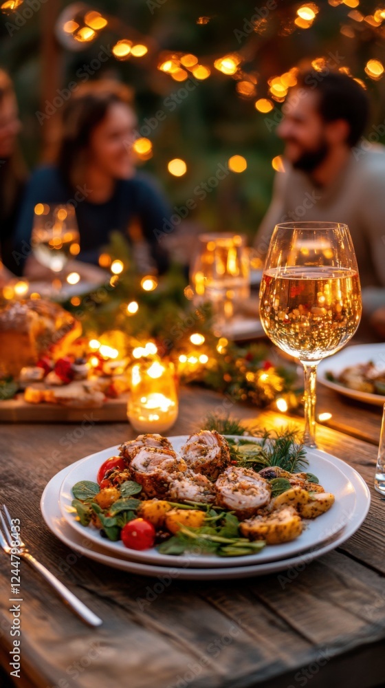 Friends gather to celebrate Christmas with food and drinks in a cozy outdoor setting Friends gather to celebrate Christmas with food and drinks in a cozy outdoor setting