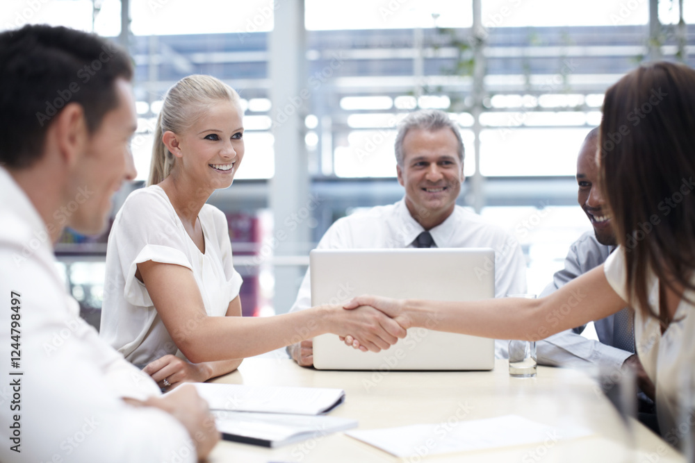 Meeting, business people and client with handshake for deal, teamwork or financial agreement. Office, employees and investor with shaking hands for introduction, support or partnership for investment Meeting, business people and client with handshake for deal, teamwork or financial agreement. Office, employees and investor with shaking hands for introduction, support or partnership for investment