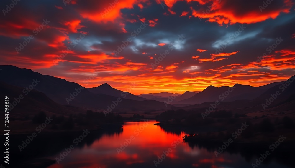 Obraz premium Vibrant crimson sunset over layered mountains reflecting on a placid lake, evokes serenity and awe, perfect for nature-themed publications and calming backgrounds