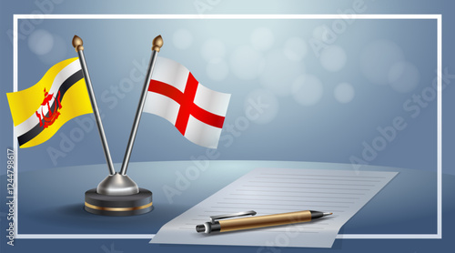 Brunei and England National flags on small table with bokeh background, cooperative relationship