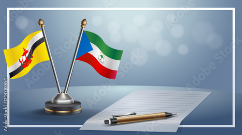 Brunei and Equatorial Guinea National flags on small table with bokeh background, cooperative relationship