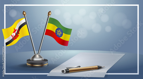 Brunei and Ethiopia National flags on small table with bokeh background, cooperative relationship